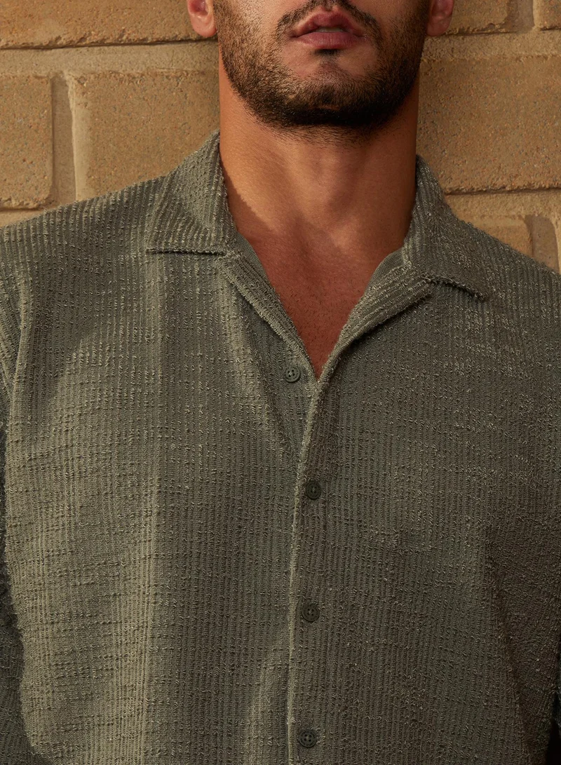 CAHOOT  Men's Olive Green Tactile-Resort Oversized Shirt For Casual Wear | Cuban Collar | Short Regular Sleeves | Button Closure | Oversized Shirt Crafted With Comfort Fit For Everyday Wear for Men | Best Price UAE